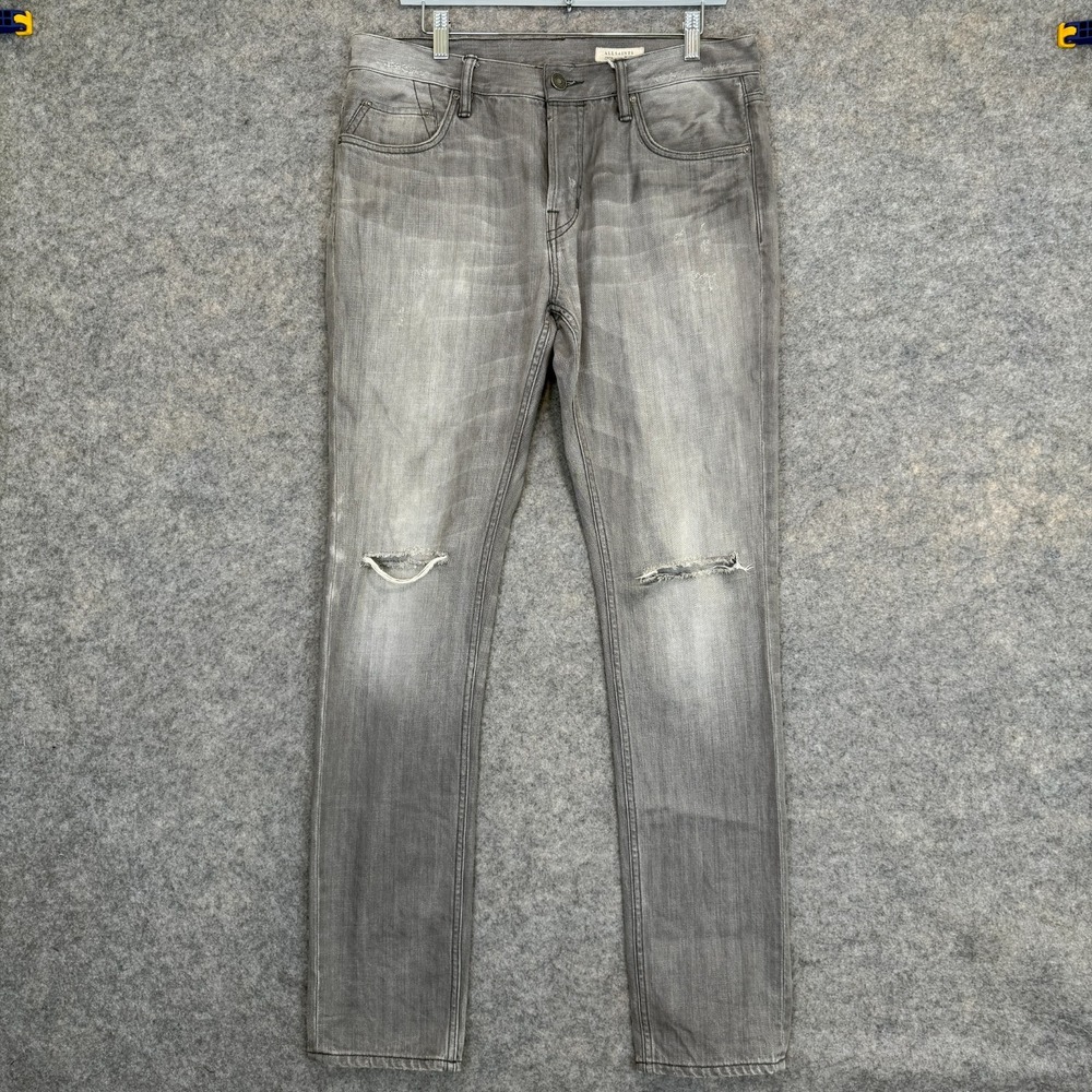 All Saints Pistol Skinny Jeans Men 32 Button Fly Distressed Knee Gray Denim Pant